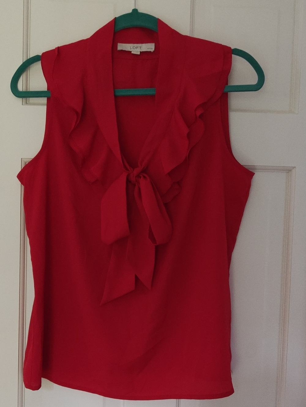 LOFT Red Ruffle Tie Neck Sleeveless Blouse Petite Large